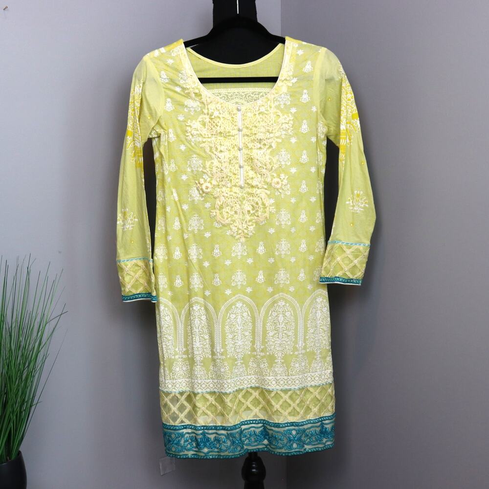 Authentic Embroidered Kurta Tunic‎ Yellow Lace Detail Ethnic Boho – Size Est. S